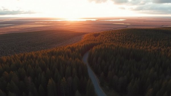 Expansive aerial view of forest and winding road at golden hour.