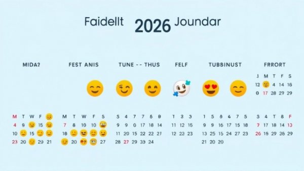 Stylized Social Media Calendar 2026 with themed emojis on a blue background.
