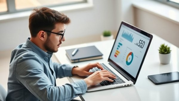 Person using laptop for Free SEO Tools 2026 in an office with a plant.