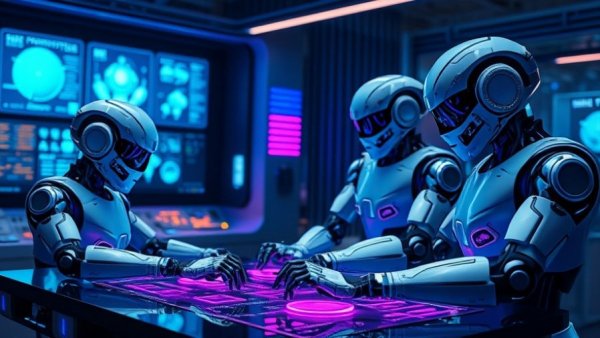 Robots in a structured multi-agent workflow environment with digital interfaces.