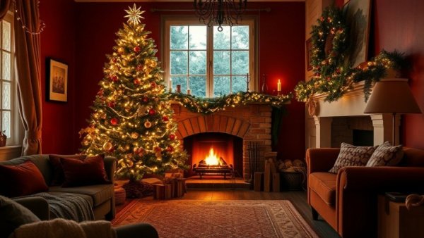 Warm living room with Christmas decor and countdown clock for Apple TV background