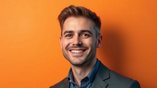 Positive man with message about effective email strategies on orange background.