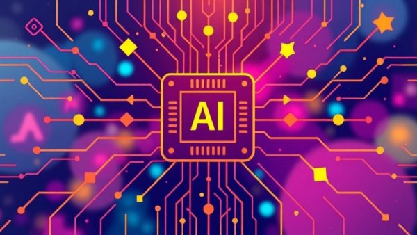 Stylized AI diagram with data flow and AI chip illustration.