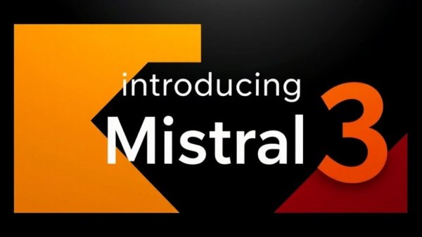 Mistral Large 3 AI introduction with geometric design and bold colors.