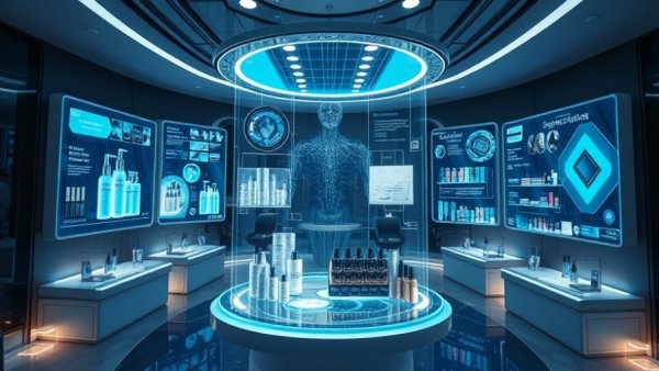 AI in Beauty: futuristic holographic beauty display in sci-fi style.