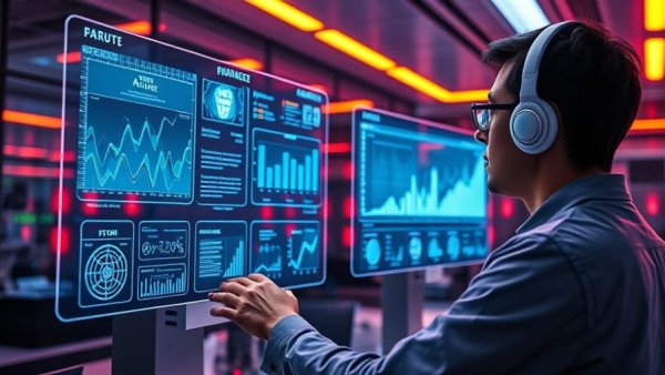 Person analyzing AI and Data Science projects in a futuristic display.