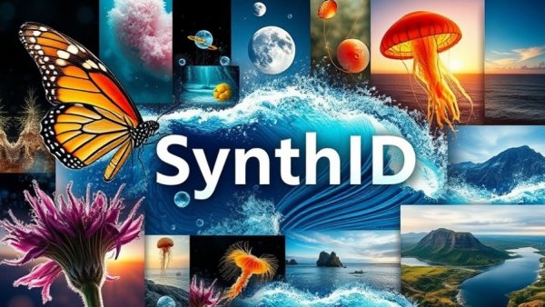 Digital collage showcasing 'SynthID' with diverse imagery, detecting AI-generated content.