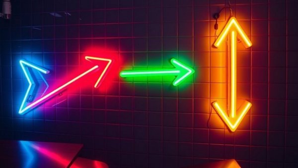 Colorful neon arrows glowing on a tiled wall, vibrant display.