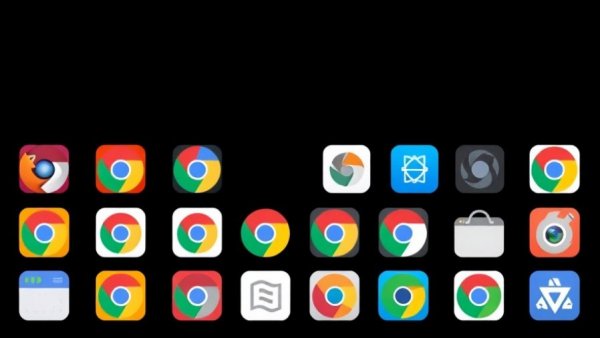 Diverse Chrome extension icons grid on black background.