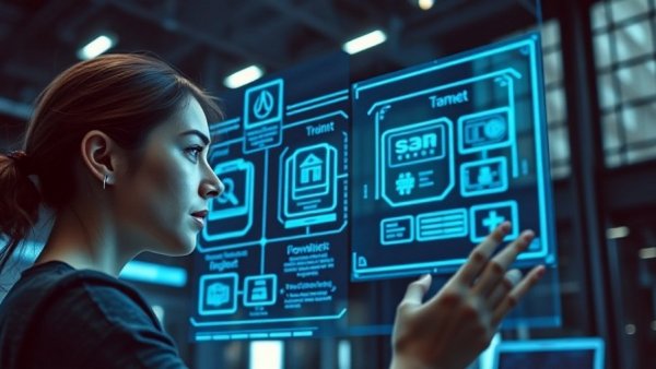 Focused woman viewing AI agent frameworks on holographic display.