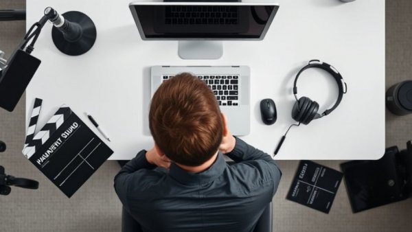 Overhead view of a digital workspace for types of social media content creation.