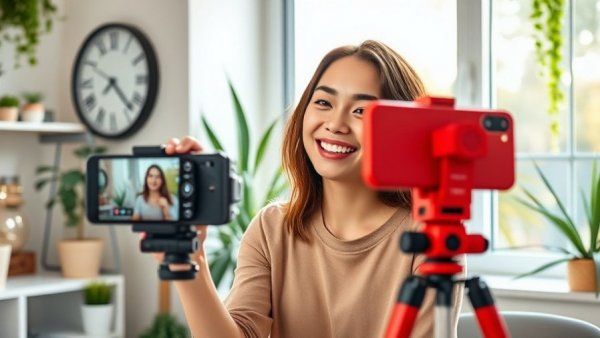 Young woman recording content in stylish home office for social media strategies.