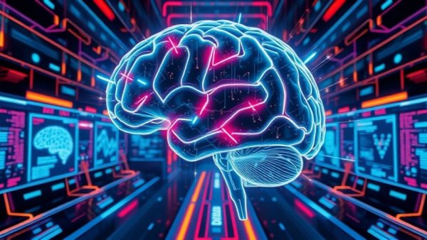 Futuristic depiction of OpenAI API Models for Businesses with holographic brain.