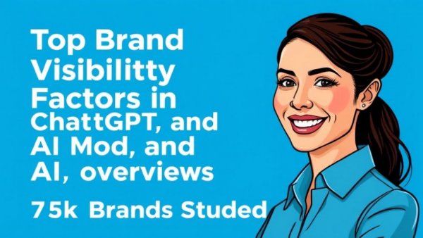Blue digital banner on brand visibility factors in AI marketing with professional portrait.