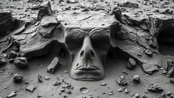 AI pareidolia on Mars: face-like rock formation on Martian surface.