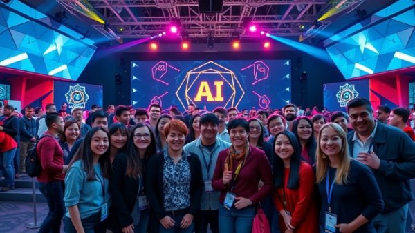 Group of attendees at AI conference in Africa smiling on stage.