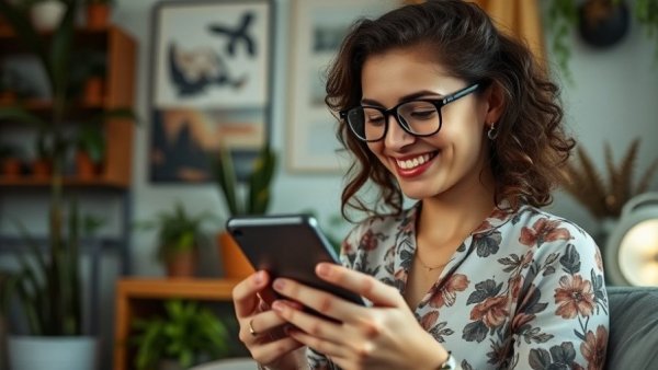 Smiling woman using smartphone with focus on Instagram link stickers.
