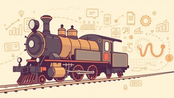 Cartoon steam train symbolizing SEO strategy with product mindset on beige background