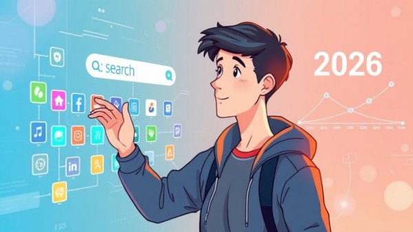 Future of Search in 2026 concept illustration with digital interface.