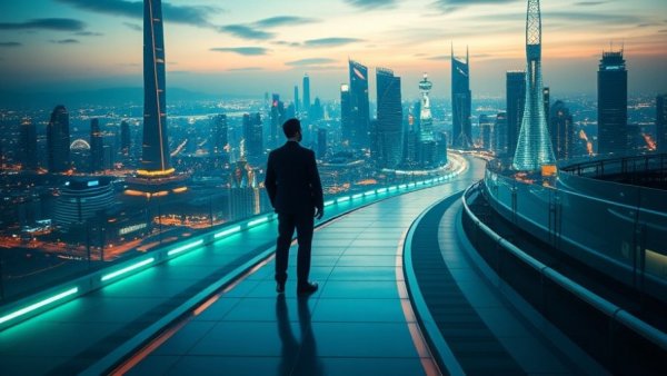 Futuristic data analyst learning path illustrating milestones towards 2026.