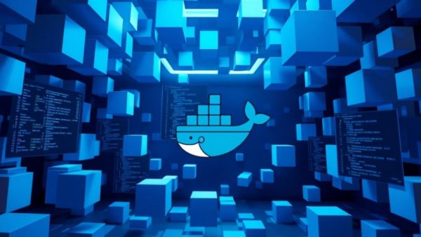 Modern Docker-themed design with floating cubes and coding screens.