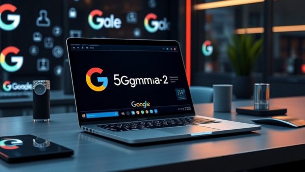 Google T5Gemma-2 AI Model interface on a laptop with icons.