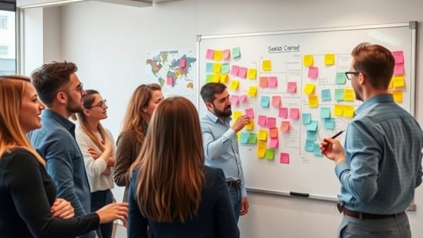 Diverse team brainstorming with sticky notes, B2B content marketing 2025.