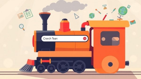 Cartoon steam train with search graphic, whimsical icon backdrop.