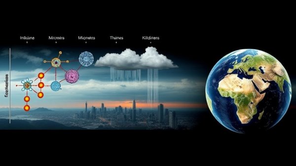 Futuristic schematic visualizing NeuralGCM precipitation forecasts from molecules to global weather.