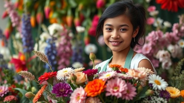 Young florist working in a flower shop with vibrant plants, 2026.