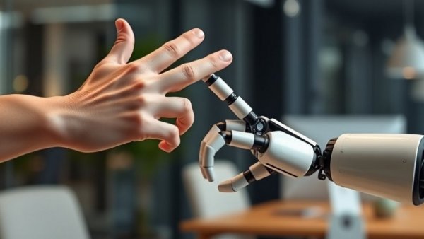 AI-driven personalization concept: Human and robotic hand high-five in office.