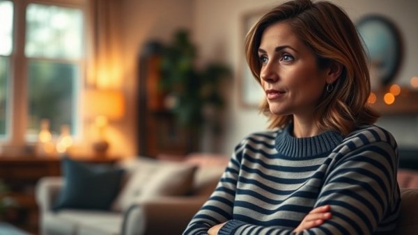 Woman engaged in thoughtful conversation in a cozy setting