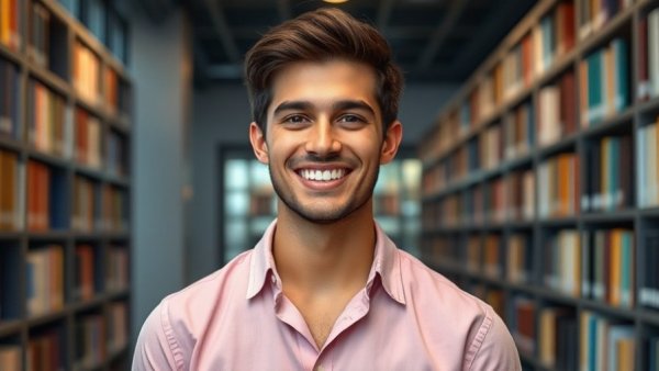 Confident young man smiling in modern library setting.