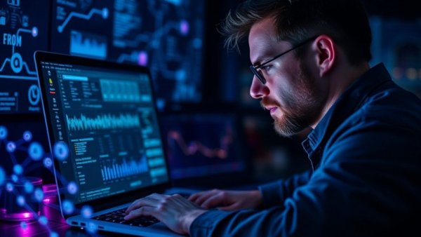 Person using laptop with n8n projects and digital workflow icons, illustrating low-code AI automation.