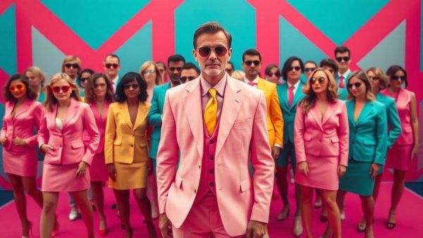 Vivid fashion scene with pastel suits and hats, Mad Magazine Autostereogram style.