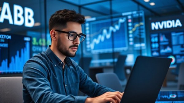 Professional data scientist in modern office with digital graphs and logos.