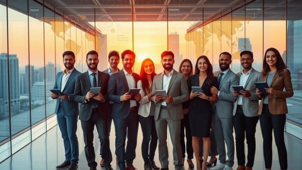 Data science professionals in office with tech diagrams, diverse team, sunset city view.