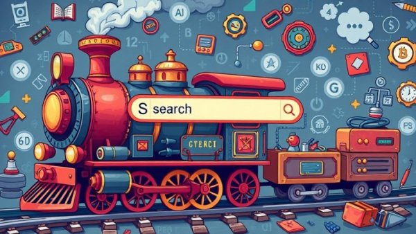 Stylized cartoon steam train with coding elements, Vibe Coding Your Own SEO Tools.