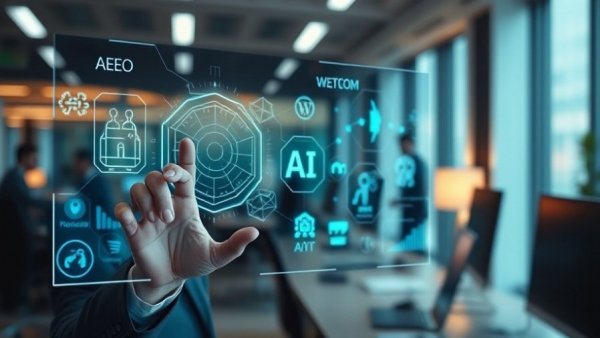 Professional using AEO digital interface in office for Answer Engine Optimization.