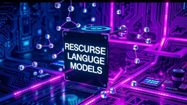 Recursive language models concept with futuristic cube and digital design.