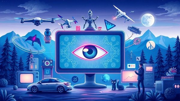 Illustration depicting computer vision with Python concepts and AI elements.