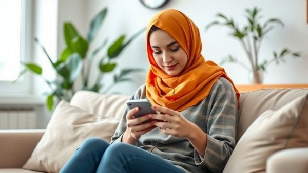Woman using smartphone on sofa, representing forces shaping social media in 2026.