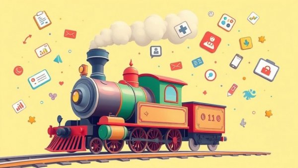 Whimsical steam locomotive with digital symbols, ChatGPT Atlas for businesses.