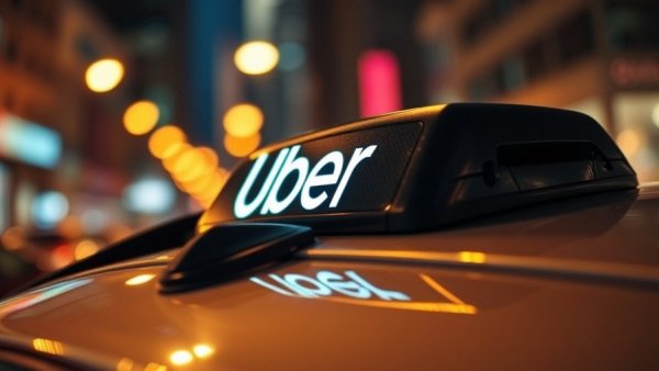 Uber car sign glowing at night for pickup service