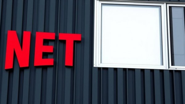 Red Netflix logo on black vertical striped building facade.