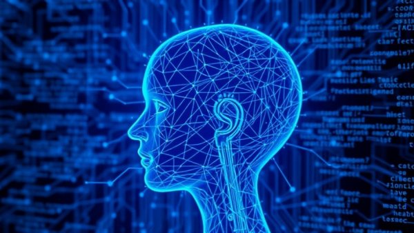 Futuristic digital human head with coding text representing AI coding tools for enterprises.