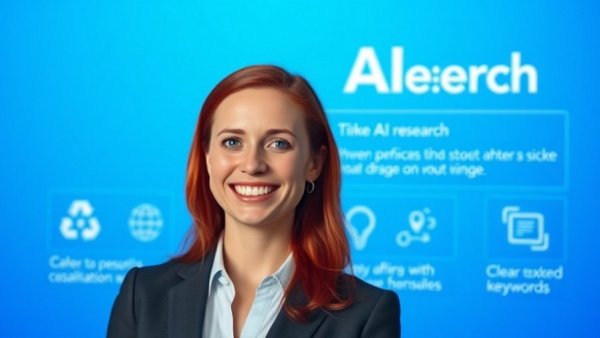 Professional woman in AI research presentation backdrop, AI Deep Research Tools.
