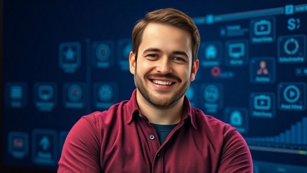 Smiling man promoting AI video editing workflow tools.