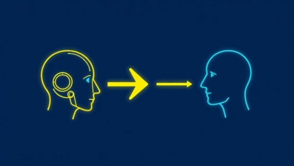 Stylized AI-human interaction graphic on blue background.