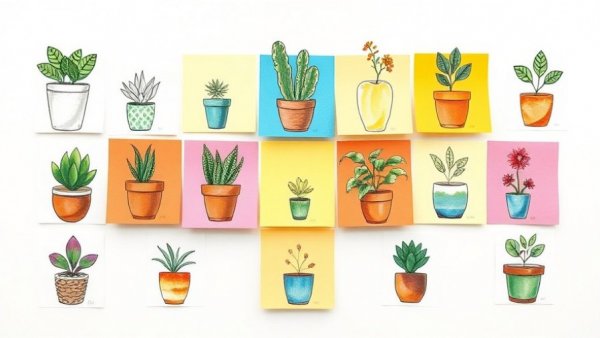 Artistic plant designs on post-it notes, varied styles.